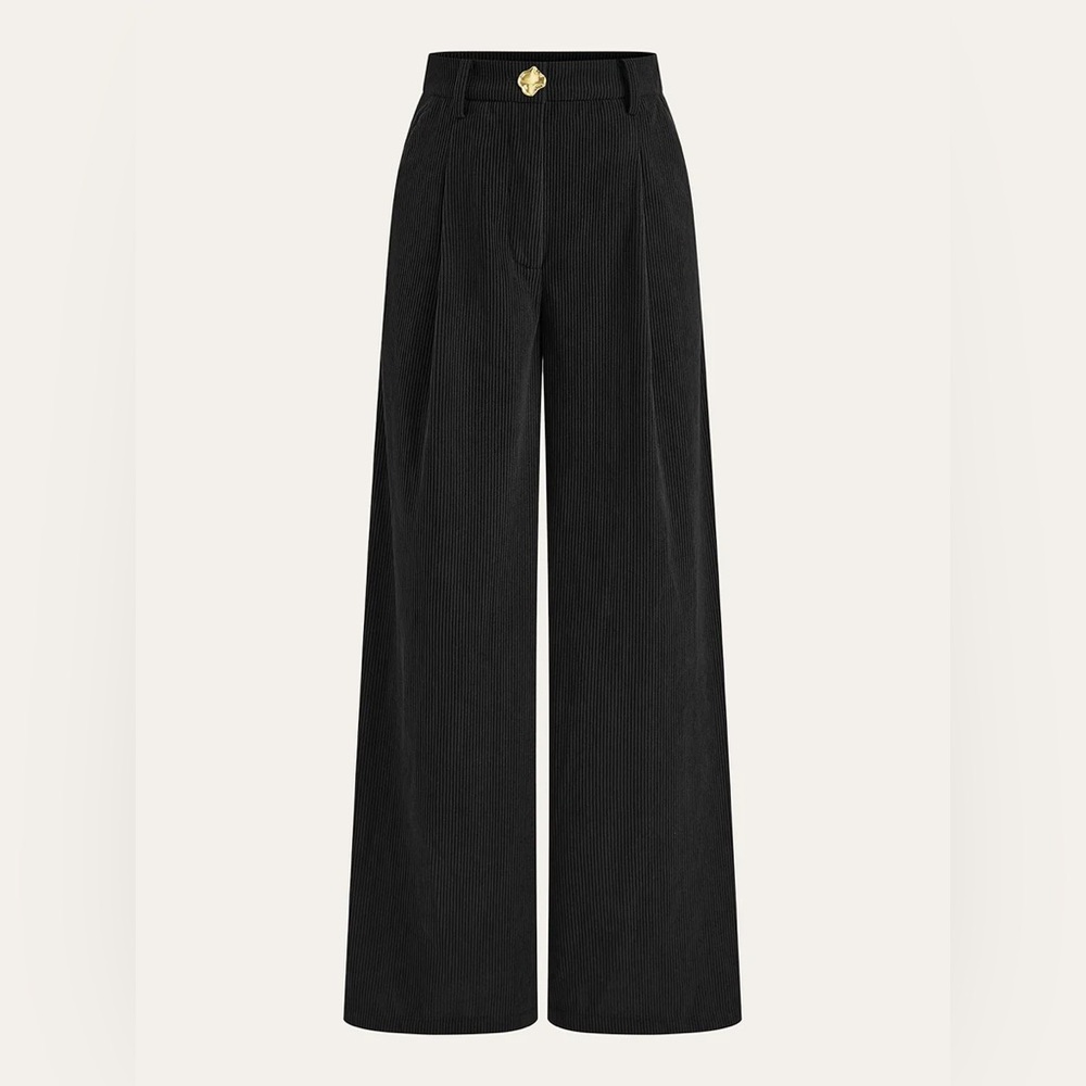 Commense Black Wide-Leg Pants with Gold Button